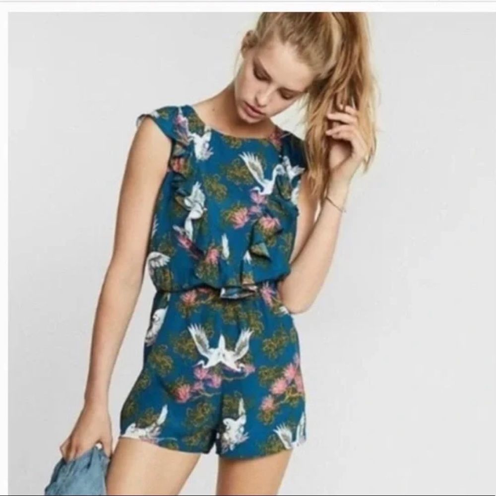 Express Ruffle Crane/ Bird Print Romper - Picture 6 of 15